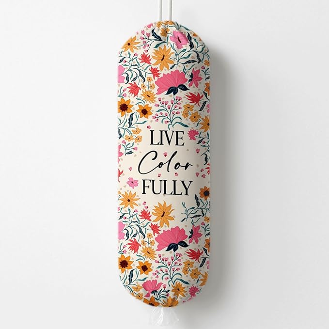 Plastic Bag Holder, Live Color Fully Plastic Bag Holder for Kitchen Essentials, Bags Holders for Plastics Bags Groceries Store, Floral Reusable Trash Sack Storage Dispenser to Home Kitchen Decor