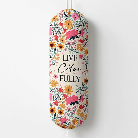 Plastic Bag Holder, Live Color Fully Plastic Bag Holder for Kitchen Essentials, Bags Holders for Plastics Bags Groceries Store, Floral Reusable Trash Sack Storage Dispenser to Home Kitchen Decor