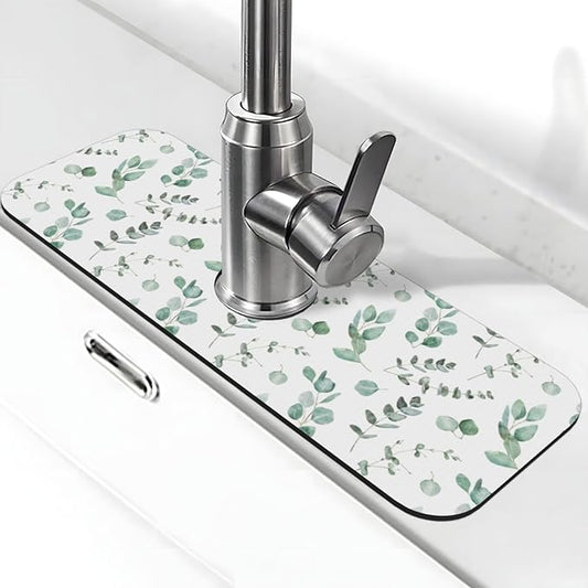 Watercolor Sage Green Grass Leaves Kitchen Sink Splash Guard Faucet Mat Super Absorbent Fast Drying Mat Sink Gadgets-Fast Drying Pad Sink Mat For Kitchen Bathroom (15" X 5.5" )