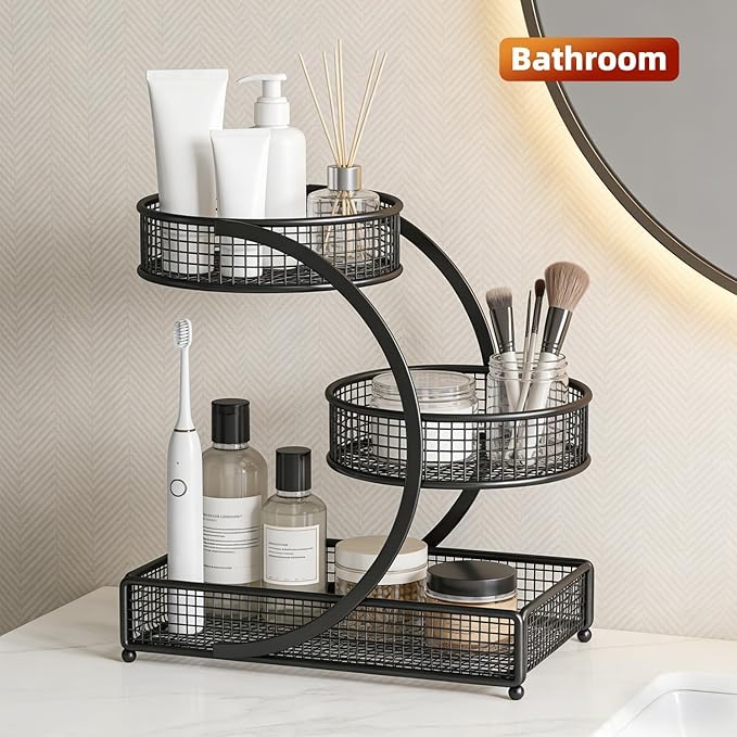 Makeup Organizer Countertop for Vanity, 3 Tier Bathroom Bedroom Counter Skincare Organizer Cosmetic Display Shelf Vanity Accessories for Women Multi-Purpose Metal Storage Rack for Home, Office