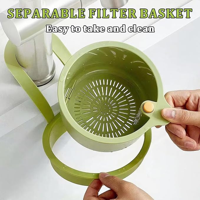 Sink Strainer Basket with One-Touch Drain Mesh, Snap-On Strap & Detachable Design – Kitchen Sink Food Scrap Filtering Storage Organizer (Green)