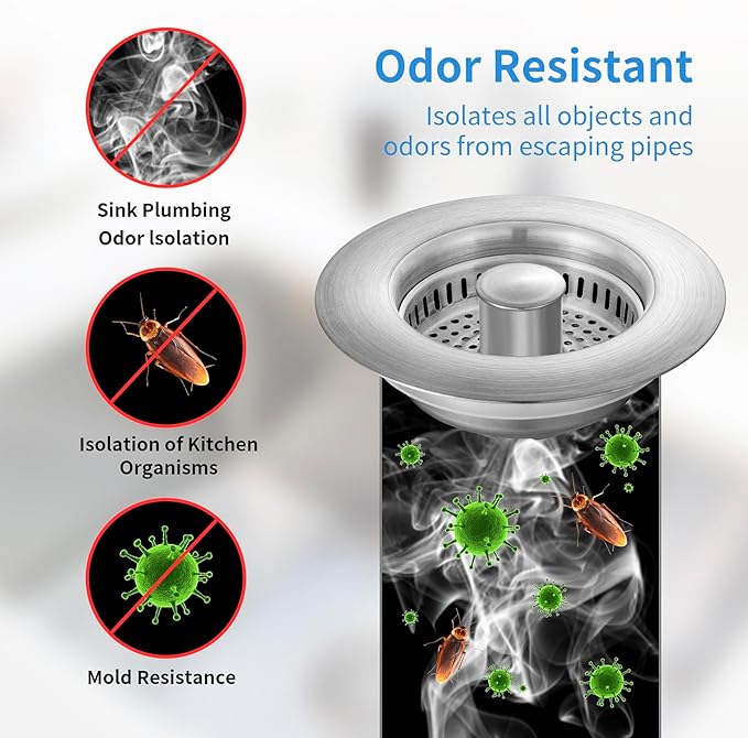 Upgraded 3 in 1 Kitchen Sink Drain Strainer - Stainless Steel Sink Stopper, Anti-Clogging Sink Food Catcher Basket, Fast Drainage Odor Filter Sink Plug for US Standard 3 1/2 inch Drain (Silver-1Pack)