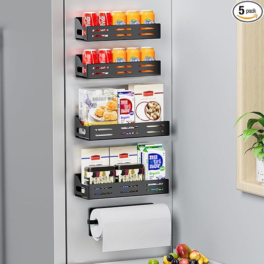 Carwiner 5 Pack Magnetic Spice Rack for Refrigerator with Paper Towel Holder, Strong Magnetic Fridge Shelf, Rustproof Side Fridge Storage Rack for Kitchen