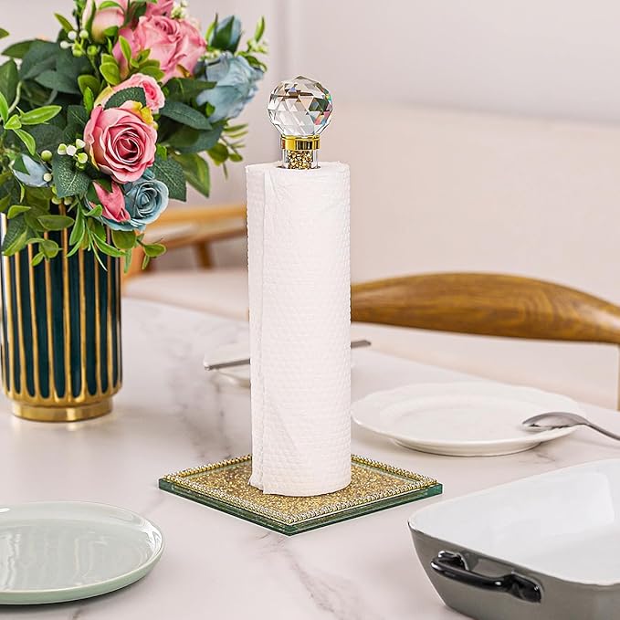 Hochance Gold Crystal Standing Paper Towel Roll Holder Countertop Weighted Rack,Glam Cute Bling Rhinestone Jeweled Diamonds Modern Decoration Christmas Housewarming Gifts for Kitchen Home Bar