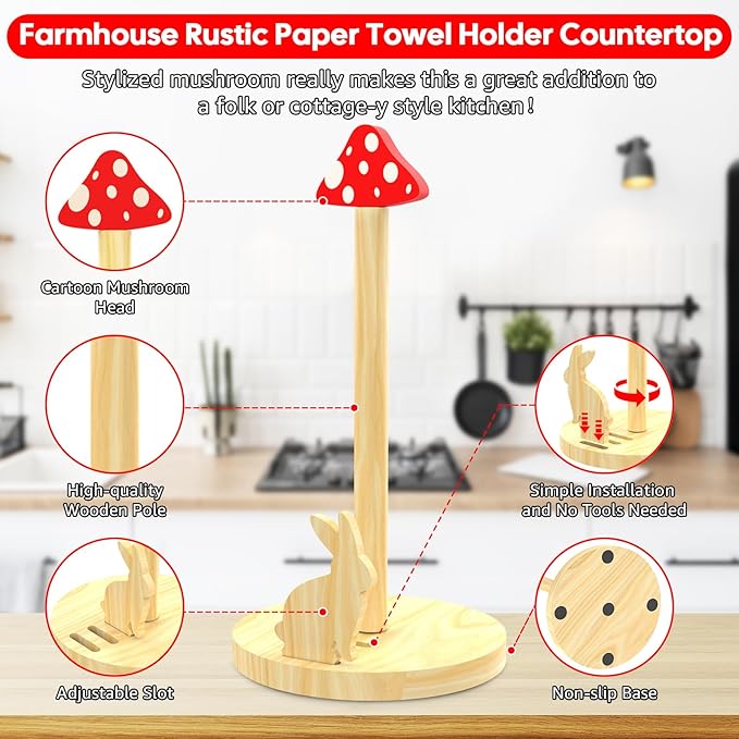 Paper Towel Holder, Mushroom Cottagecore Decor Kitchen Paper Roll Stand, Rustic Countertop Towel Dispenser Wooden, Farmhouse Cute Paper Hanger Rack with Whimsical Animal-Inspired Design