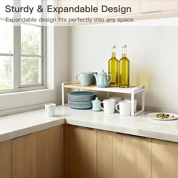 Cabinet Shelf Organizer, Expandable Riser for Kitchen Counter, Stackable Shoe Shelf Entryway, Bamboo Cupboard Pantry Rack, Bathroom Storage (Natural Bamboo & White, 1 Pack)