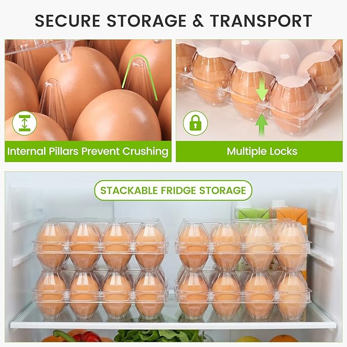 LOVEINUSA 100 PCS 12 Count Plastic Egg Cartons, with 105PCS Date Labels, Bulk Clear Reusable Egg Holder for Fresh Medium Eggs Storage, Suitable for Farms, Families, Markets Display