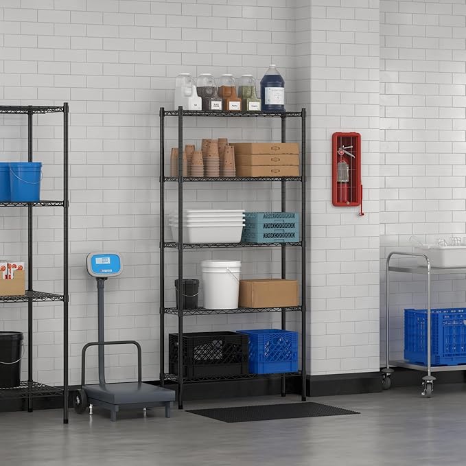 Commercial NSF Listed Black Epoxy Stationary Wire Shelving Kit 12" x 36" x 74", with 5 Shelves Perfect for Warehouse, Walk-in Refrigerator, Freezer, Grocery Store, Restaurant, Dishroom