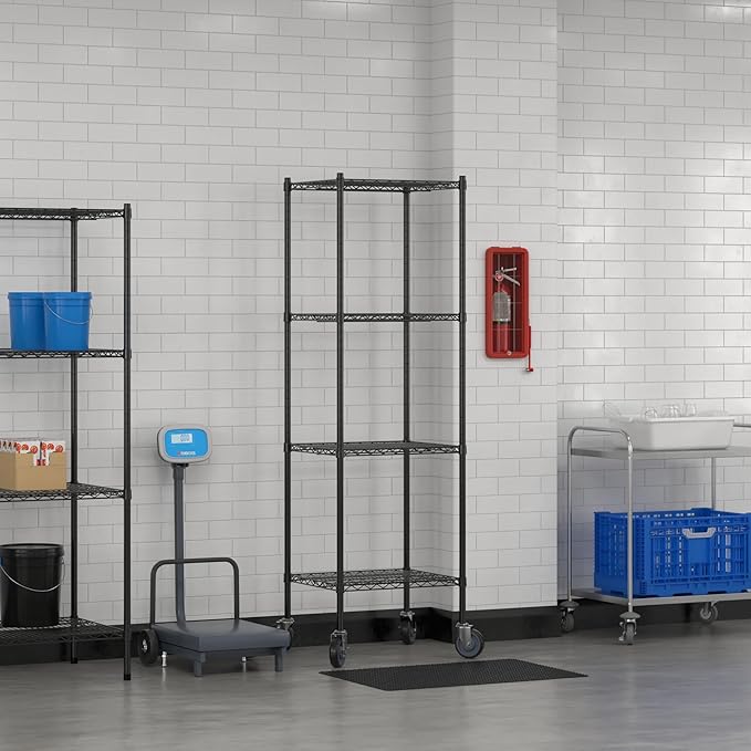 Commercial NSF Listed Black Epoxy Mobile Wire Shelving Kit 21" x 24" x 80", with 4 Shelves Perfect for Warehouse, Walk-in Refrigerator, Freezer, Grocery Store, Restaurant, Dishroom