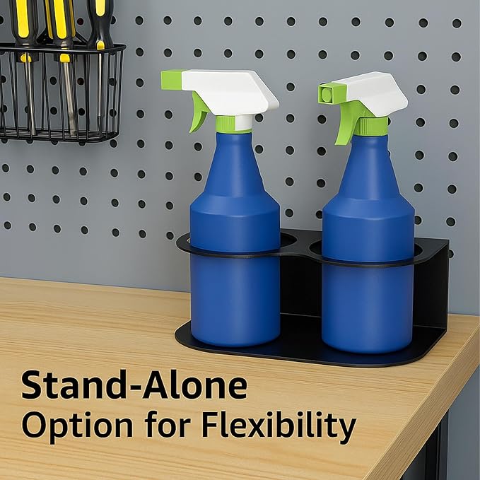 2 Pack Spray Bottle Holder Wall Mount, Heavy Duty Metal Spray Can Holder Rack Organizer with Double Holes, Multi-Purpose Bottle Storage Shelf with Hardware for Garage, Home, Workspace
