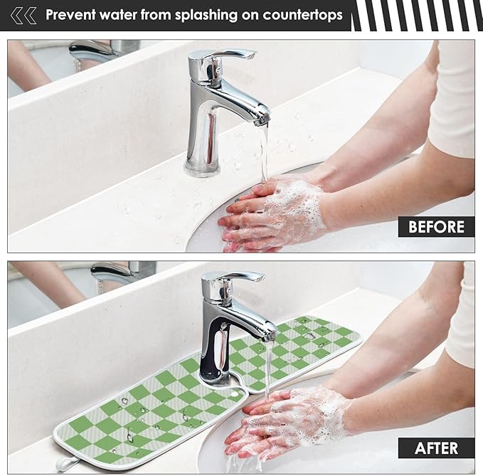 2 PCS Kitchen Sink Splash Guard 30 Inch Faucet Mat for Kitchen Sink Bathroom Sink Faucet Absorbing Drip Drain Mat Pad Microfiber Soft Washable Checkered Green and White