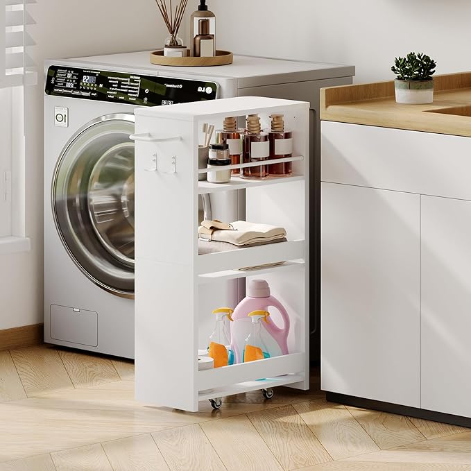 ChooChoo 4-Tier Bathroom Storage Cart, 7.87 inches Wide Narrow Storage Cabinet with 360° Wheels and 2 Hooks, Laundry Room Storage Organizer for Kitchen, Narrow Places, Living Room, White