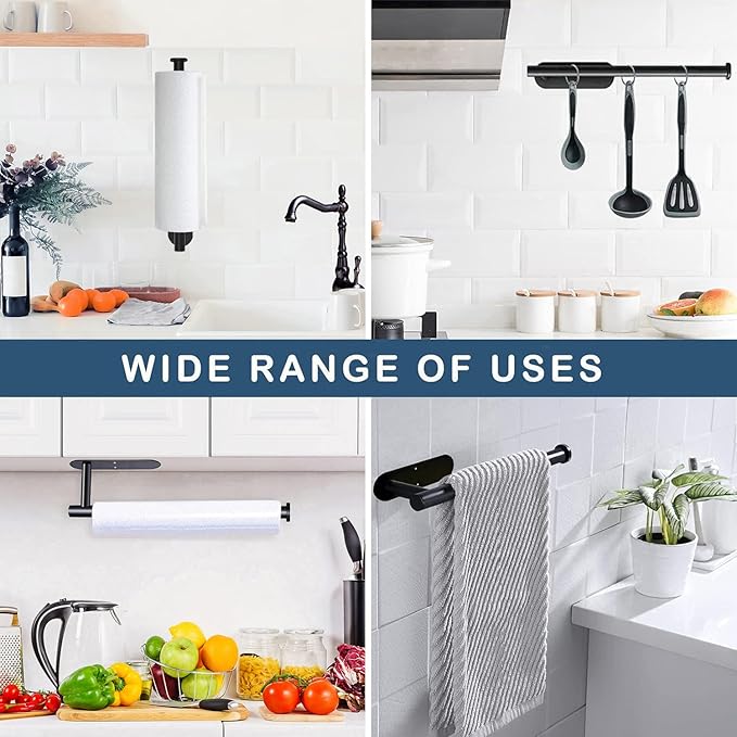 Paper Towel Holder Under Cabinet - Self Adhesive Paper Towel Roll Holder Wall Mount, Matte Black Stainless Steel Towel Paper Holder for Kitchen, Bathroom, Cabinets (2 Pcs)