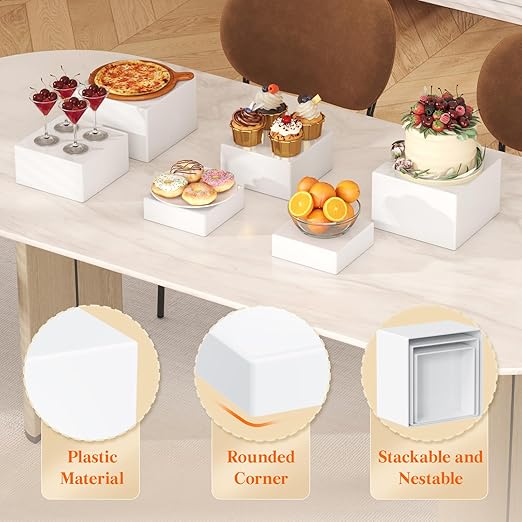 Lifewit 6 PCS Buffet Risers and Stands, Food Risers for Buffet Table, Catering Dessert Cake Holder for Party, Collectibles Jewelry Display Shelf, Nesting Cube Boxes, White, (6",7",7.8")