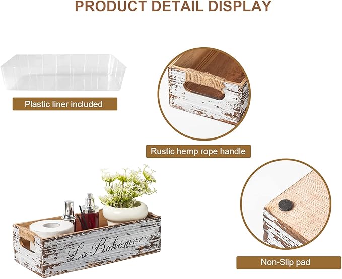 TIMRIS Farmhouse Distressed Wooden Storage Box, Rustic Bathroom Decor Box, Decorative Toilet Tank Basket Nice Butt, Vintage Countertop Organizer Box with Handles (Distressed White)