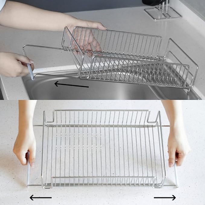 Expandable Over The Sink Dish Drying Rack – Adjustable SUS 304 Stainless Steel Dish Drainer (14"–24" Length), Rust-Resistant Large Drying Organizer, Compact Space Saving Kitchen Rack