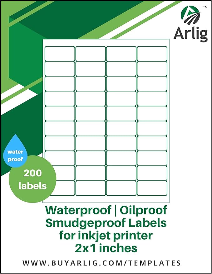 Arlig 2x1 Inch Waterproof Labels for Inkjet Printers Smudge-Proof, Oil-Proof Label for Bottles, Pantry, Lip Gloss, Jars, Food, and Essential Oils | 200 Labels (5 Letter Size Sheets, 40/Sheet) (Matte)