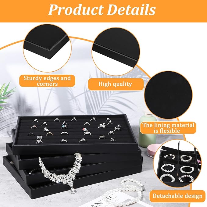 4Pcs Jewelry Organizer Trays, Stackable Velvet Jewelry Trays, Drawer Insert Divider Jewel Display Storage with Removable Dividers, Divided Storage for Earring Necklace Rings Bracelet