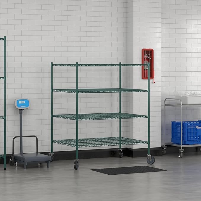 Commercial NSF Listed Green Epoxy Mobile Wire Shelving Kit 36" x 48" x 60", with 4 Shelves Perfect for Warehouse, Walk-in Refrigerator, Freezer, Grocery Store, Restaurant, Dishroom