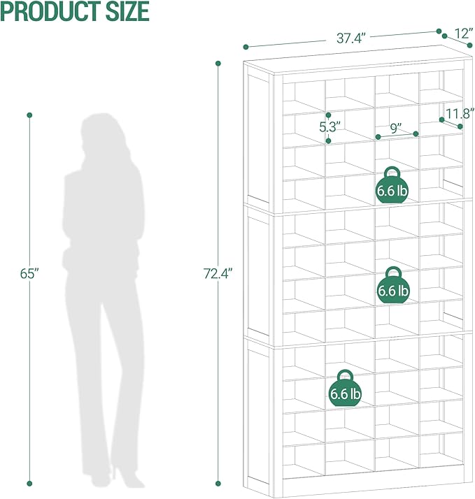 Shoe Storage Cabinet, 48 Pairs Free Standing Closet Organizer, 9 inch Widened Cell Wood Shoe Organizer, 12 Tiers Vertical Space Saving Shoe Rack for Entryway, Cloakroom, Black SR39604X