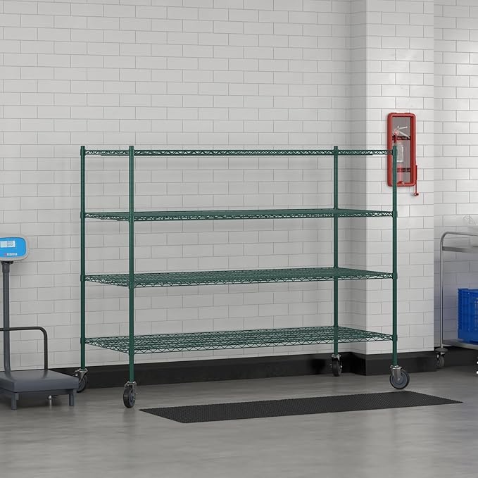Commercial NSF Listed Green Epoxy Mobile Wire Shelving Kit 30" x 72" x 60", with 4 Shelves Perfect for Warehouse, Walk-in Refrigerator, Freezer, Grocery Store, Restaurant, Dishroom