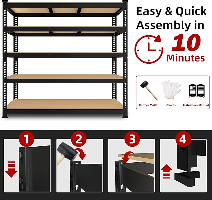 5 Tier Garage Storage Shelves - 48" W x 18" D x 71" H Heavy Duty Adjustable Shelving Unit, Metal Organizer Utility Rack for Basement, Pantry, Kitchen, Black, 4 PCS