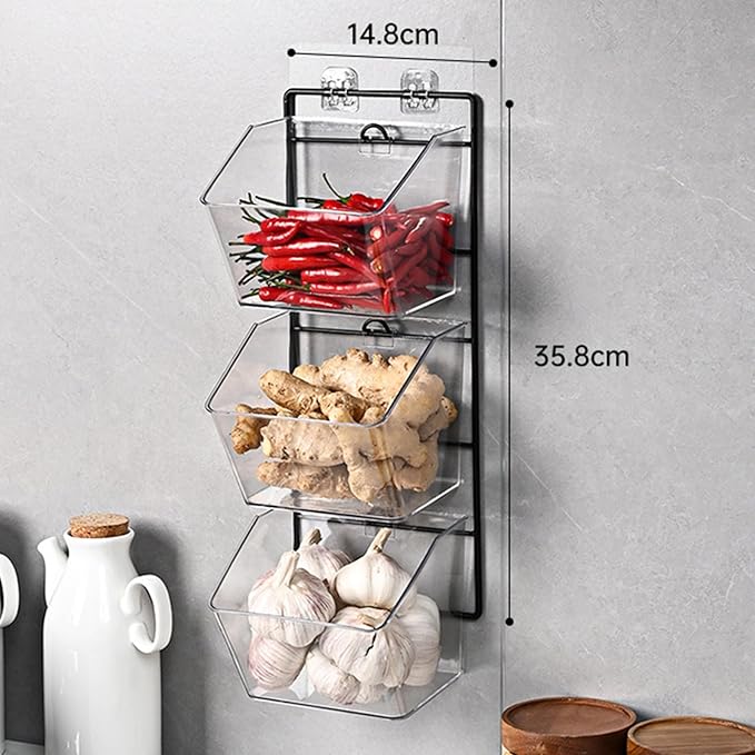 3-Pack Small Clear Storage Baskets, Wall Mounted Adhesive Spice Rack Plastic Storage Bins Kitchen Wall Organizer and Storage Shelves, Spice Organizer for Countertop/Cabinet/Bathroom