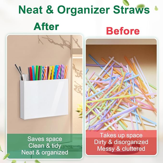 Acrylic Straw Holder for Cabinet Door, White Front Panel Straws Organizer with Adhesive or Magnetic Mount, Reusable Straw Storage Container for Kitchen, Cupboard, Bar Counter – 1 Pack