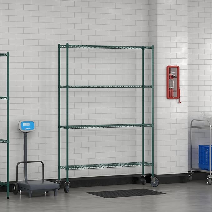 Commercial NSF Listed Green Epoxy Mobile Wire Shelving Kit 12" x 54" x 80", with 4 Shelves Perfect for Warehouse, Walk-in Refrigerator, Freezer, Grocery Store, Restaurant, Dishroom