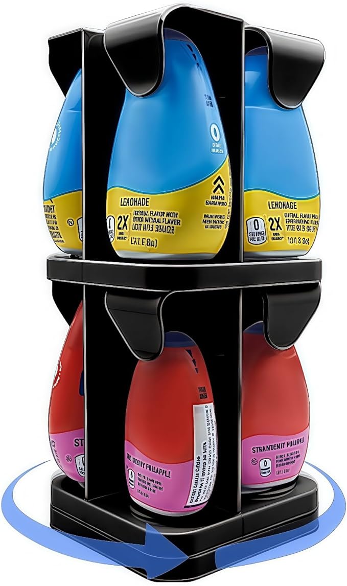 Organizer for Mio/KoolAid Liquid Water Enhancer - 2-Tier Spinning Holder for 8 Liquid Water Enhancers (Fits 3.24oz & 1.62oz), Stackable ABS Storage, Space-Saving Countertop Dispenser (Black)