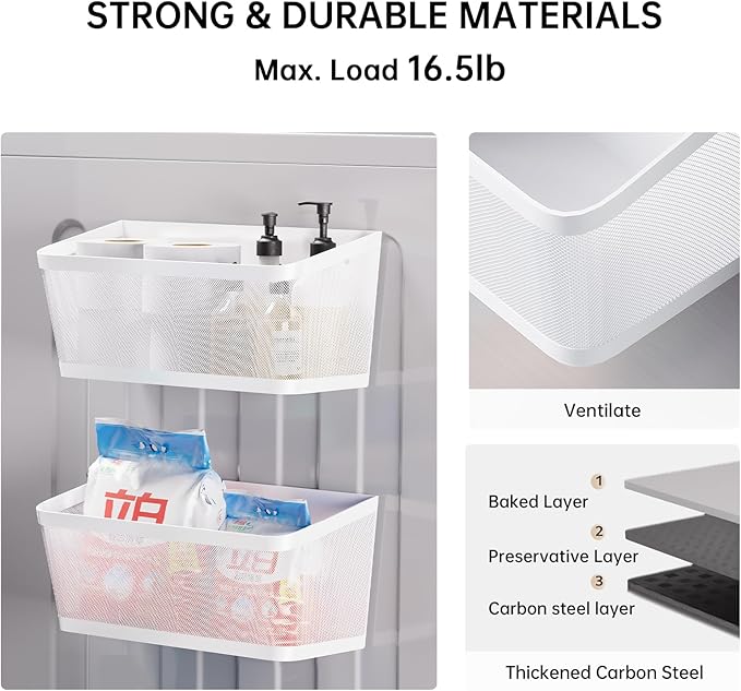 2-Pack Magnetic Shelves for Washing Machine, Heavy Duty Mesh Magnet Basket Organizer for Laundry Room Organization, Multi Metal Storage Shelf and Refrigerator Spice Rack Holder (White, Large)