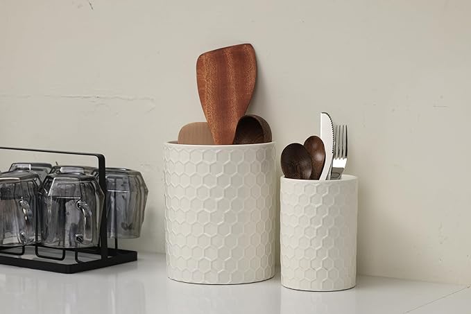 Docrin Ceramic Kitchen Utensil Holder 2 Pack - 6.8"+5.1" Inch Countertop Storage Organizer, Non-Slip Base, Easy to Clean, Elegant White Ceramic Crocks for Spatulas, Spoons, Ladles & Cooking Gadgets