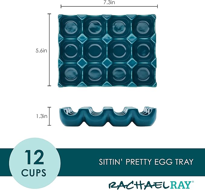 Rachael Ray Solid Glaze Ceramics Egg Tray/Holder, 12 Cup, Teal