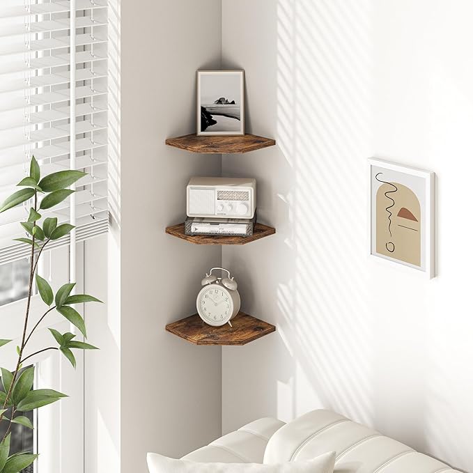 Corner Shelf Wall Mount, Floating Corner Shelves, Set of 3 Corner Wall Shelf Organizer, Rustic Wood Wall Storage Display Shelves for Living Room Bedroom Bathroom Kitchen, Rustic Brown