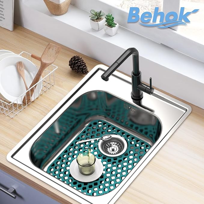 BEHOK 2 Pack Silicone Sink Protector for Kitchen Sink Bathroom, 13.58" x 11.6" Heat-resistant Sink Mat Non-Slip and Durable Silicone Protectors, Rear Drain, Green