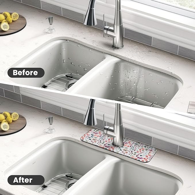 Vintage Watercolor Floral Flowers Abstract Leaves Kitchen Sink Splash Guard Faucet Mat Super Absorbent Fast Drying Mat Sink Gadgets-Fast Drying Pad Sink Mat For Kitchen Bathroom (15" X 5.5" )