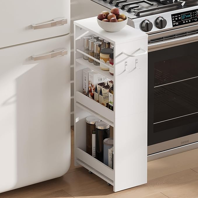 ChooChoo 4-Tier Bathroom Storage Cart, 7.87 inches Wide Narrow Storage Cabinet with 360° Wheels and 2 Hooks, Laundry Room Storage Organizer for Kitchen, Narrow Places, Living Room, White