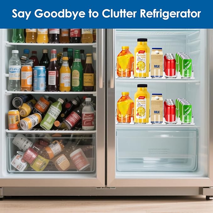 asika Drink Organizer for Fridge, Adjustable Width Soda Can Dispenser for Refrigerator Organizers and Storage, 5 Rows Beer Bottle Beverage Holder with Pusher Glide (16.54" L, White)