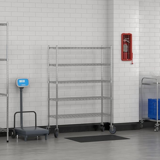 Commercial NSF Listed Chrome Mobile Wire Shelving Kit 14" x 42" x 60", with 5 Shelves Perfect for Warehouse, Walk-in Refrigerator, Freezer, Grocery Store, Restaurant, Dishroom