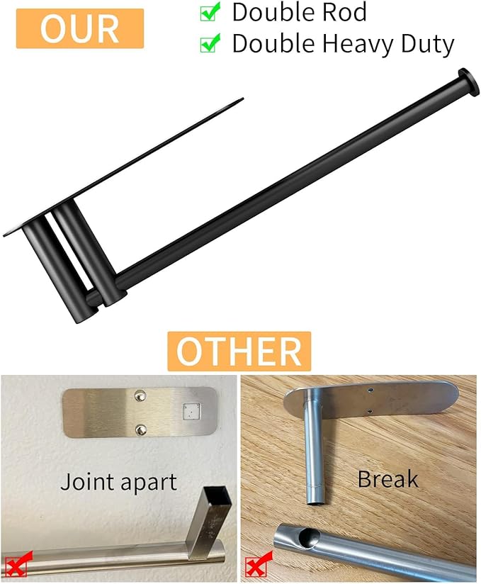 Under Cabinet Paper Towel Holder for Kitchen, Upgraded Heavy Duty Double Pole Design, Both Available in Adhesive & Screws, Self-Adhesive Bar Rack for Kitchen Towel, Stainless Steel, Black
