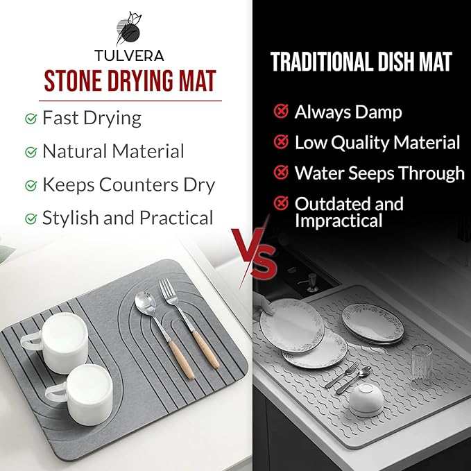 Stone Dish Drying Mat for Kitchen Counter – Diatomaceous Earth Drying Mat | Fast-Absorbing, Minimalist Design, Durable Diatomite | Non-Slip, Heat Resistant, Easy-to-Clean | 16"x12" | USA Brand