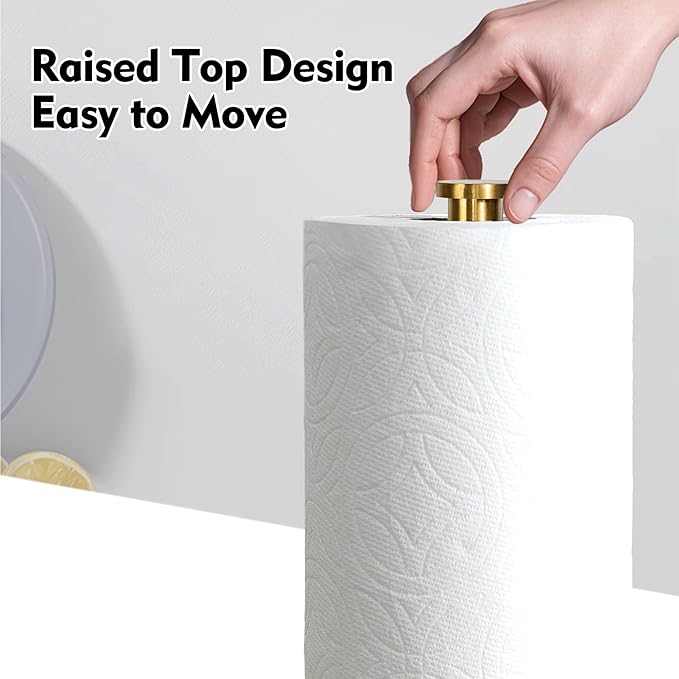 YIGII Marble Base Gold Paper Towel Holder Countertop - Standing Paper Towel Roll Holder with Weighted Base, Papertowel Holder for Kitchen, White Marble & Gold Rod