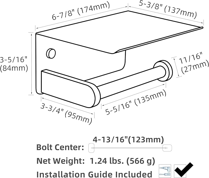 Toilet Paper Holder with Phone Shelf, APLusee SUS 304 Stainless Steel Bathroom Tissue Holder, Wall Mounted Roll Paper Dispenser, Matte Black