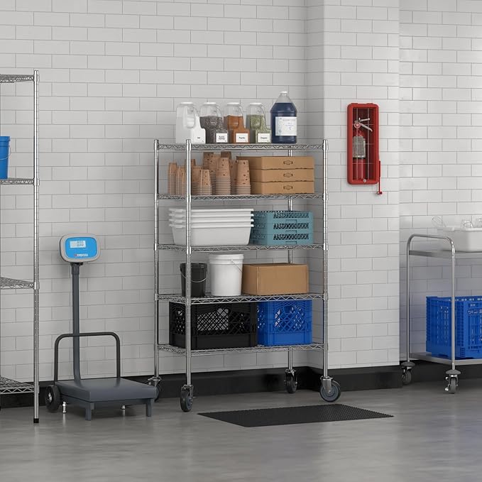 Commercial NSF Listed Chrome Mobile Wire Shelving Kit 18" x 36" x 60", with 5 Shelves Perfect for Warehouse, Walk-in Refrigerator, Freezer, Grocery Store, Restaurant, Dishroom