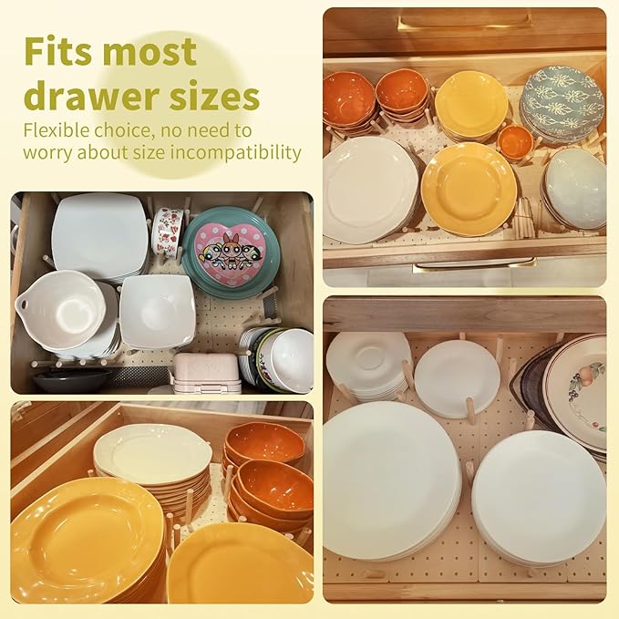 8 Pcs Wood Pegboard Drawer Organizer with 80 Pcs Pegs Wooden Peg Shelf Organizer Adjustable Drawer Peg System for Dishes Plate Pot Cookware Utensil Kitchen (17 x 5.91 in)