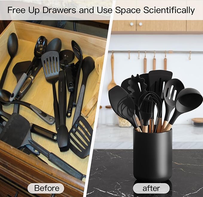 Black Utensil Holder for Kitchen Counter, Large 7.2" Matte Ceramic Utensils Crock for Countertop Easy to Clean, Modern Cooking Utensil Spatula Holder for Farmhouse 7.2×5.8 INCH