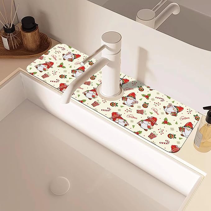 Christmas Santa Claus Kitchen Sink Splash Guard Mat Absorbent Fast Drying Mat Faucet Draining Mat Sink Splash Guard Behind Faucet Drip Catcher for Kitchen Bathroom 5.5"×15"