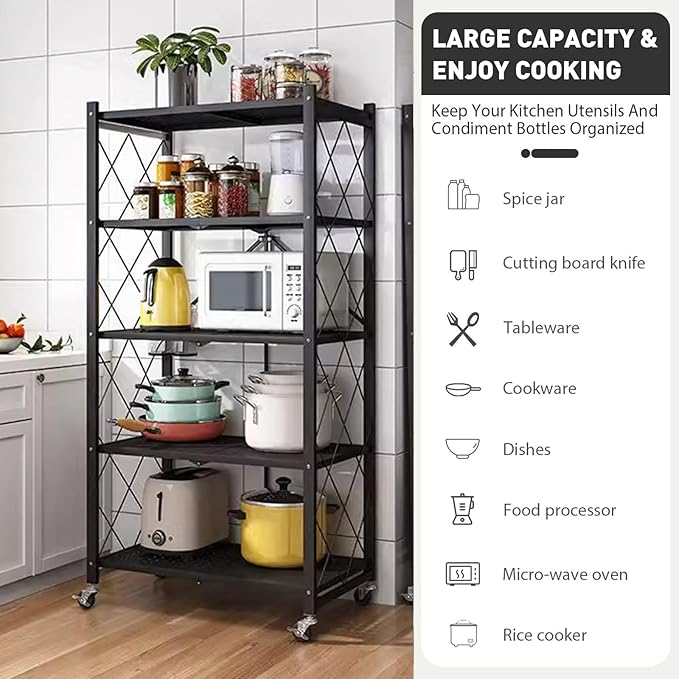 Foldable Storage Shelves with Wheels, Folding Shelving Units Storage, Heavy Duty Metal Collapsible Shelf No Assembly, Large Capacity Pop-Up Organizer for Garage,Kitchen,Living Room, 5-Tier Black