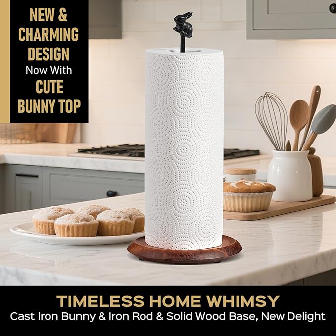 Wooden Paper Towel Holder Countertop, Cute Rabbit Design - Natural Solid Wood Base with Iron Rod,Paper Towel Holder countertop for Kitchen Roll Organizing, Dining Table & Home Décor