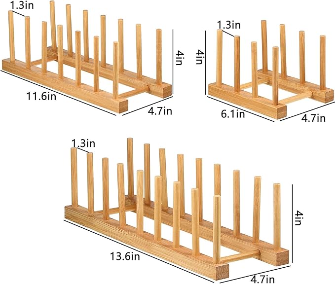 Lawei Set of 6 Bamboo Dish Rack - 3/6/8 Slots Wooden Plate Rack Stand Pot Lid Holder Dish Drying Rack for Dish, Bowl, Cup, Cutting Board and More